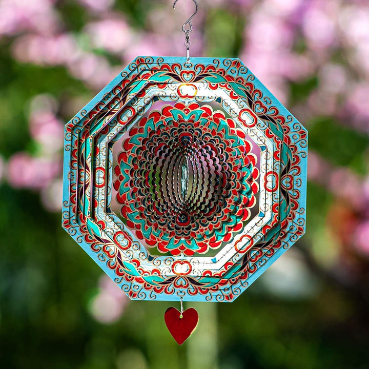 Wind Spinner - 12-Inch 3D Stainless Steel Lovebird Design with Heart Pendant - Laser Cut Metal Art Geometric Pattern - Hanging Kinetic Yard Garden Decor