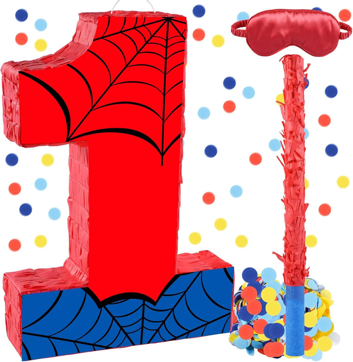 16 Inch Number 4 Spider Pinata with 16 Inch Piñata Stick Blindfold Confetti for Boy Girl Kids 4Th Birthday Party Decorations (4Th)