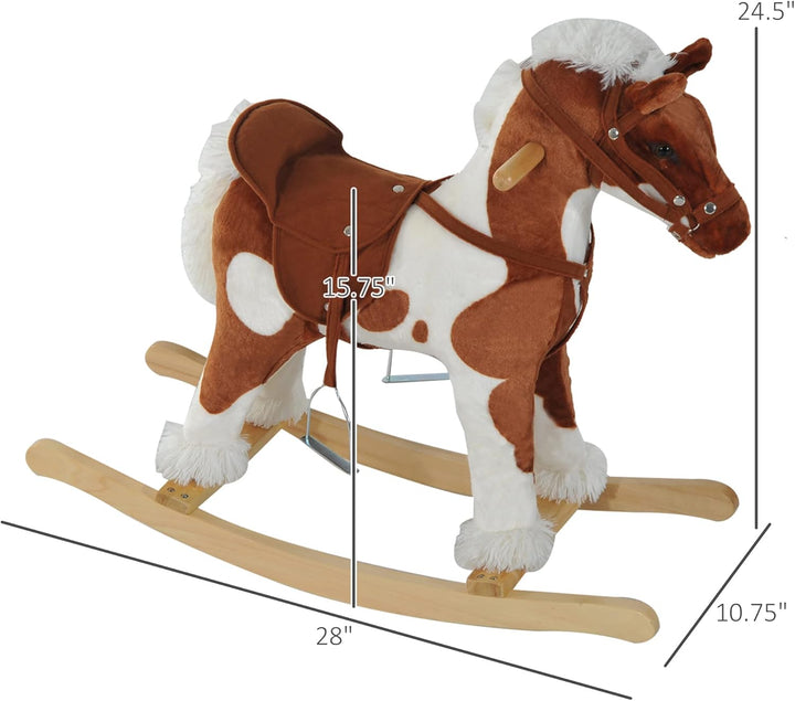 Wooden Toddler Rocking Horse, Kids Plush Ride on Horse Toy Animal Rocker with Nursery Rhyme Music Brown