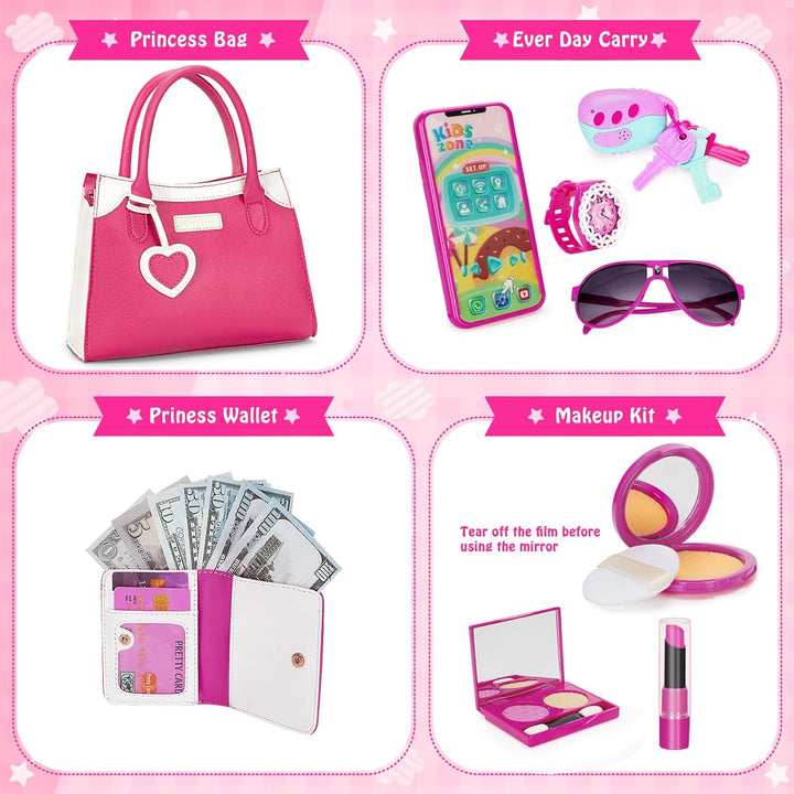 Play Purse for Little Girl, Pretend Princess Play Girls Toys for 3 4 5 6 7 8 Year Old, Toddler Purse with Accessories, Kids Toy Purse Birthday for Girls Ages 3-5 4-5 6-8