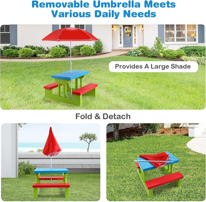 Kids Picnic Table, Toddler Picnic Table with Removable & Foldable Umbrella, Plastic Children Patio Furniture for Garden Backyard, Kids Outdoor Table, Red, Blue & Green