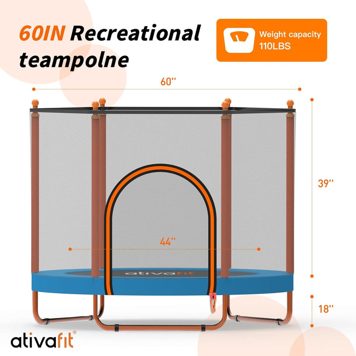 60'' Rebounder Trampoline Indoor Outdoor for Kids Ages 1-8, 5 FT Recreational Toddler Trampoline with Safety Enclosure Net Gifts with Basketball Hoop Dartboard Ocean Bal