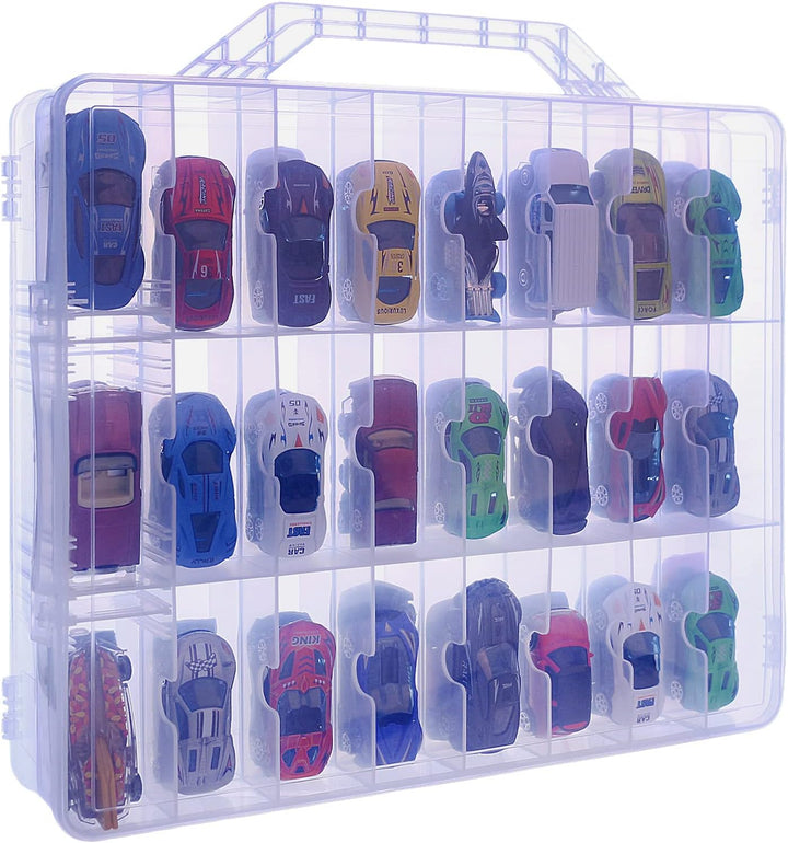 Double Sided Storage Case for 48 Toy Cars, Matchbox Cars, Portable Transparent Storage Case with 48 Compartments, Case Only (Transparent)…