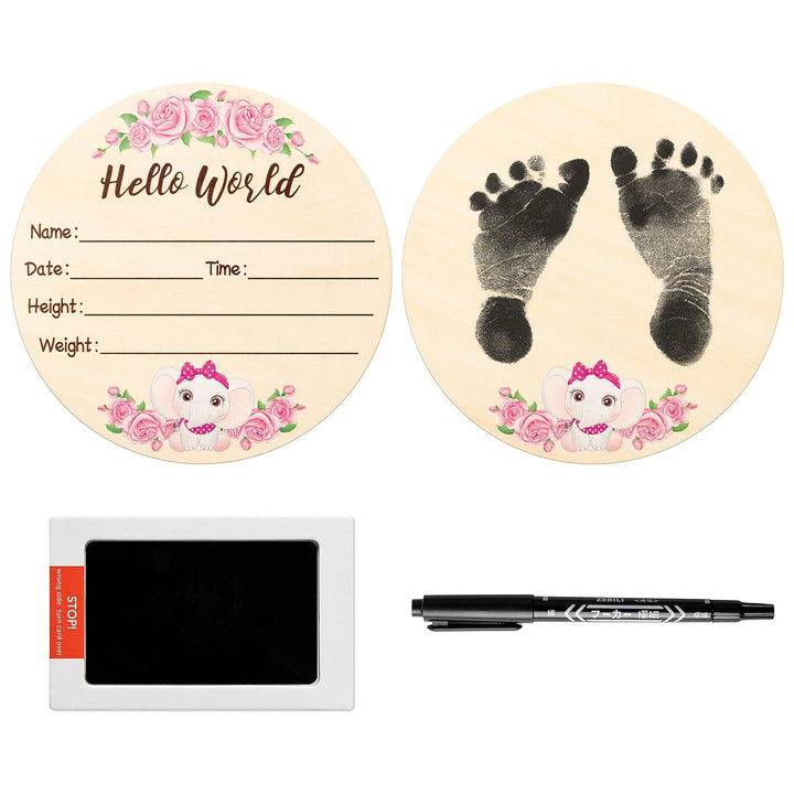 Baby Birth Announcement Sign with Marker Pen, Mallard Duck Baby Name Sign with Ink Pad for Hand and Footprints, Wooden Hello World Newborn Announcement Nursery Decor Keepsake Gifts
