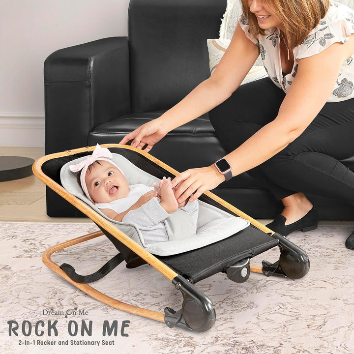 Rock with Me 2-In-1 Rocker and Stationary Seat | Compact Portable Infant Rocker with Removable Toys Bar & Hanging Toys in Black & Grey