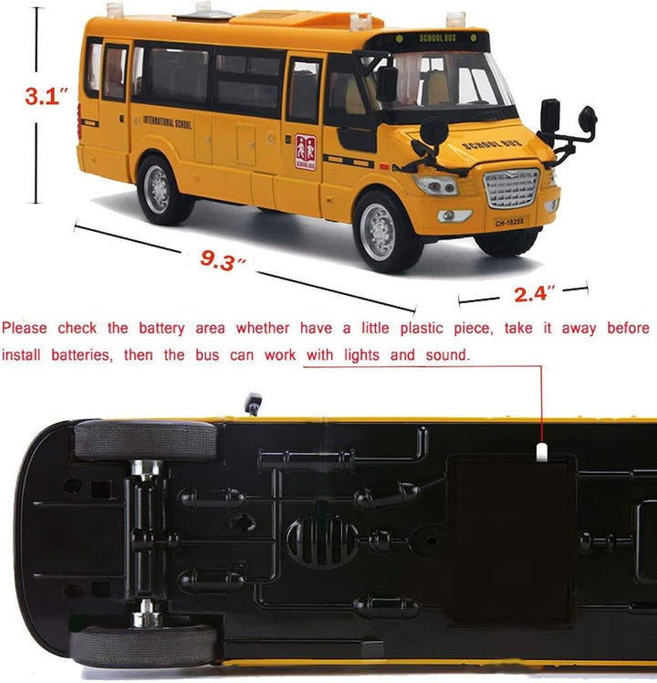 School Bus Toy Die Cast Vehicles Yellow Large Alloy Pull Back 9'' Play Bus with Sounds and Lights for Kids