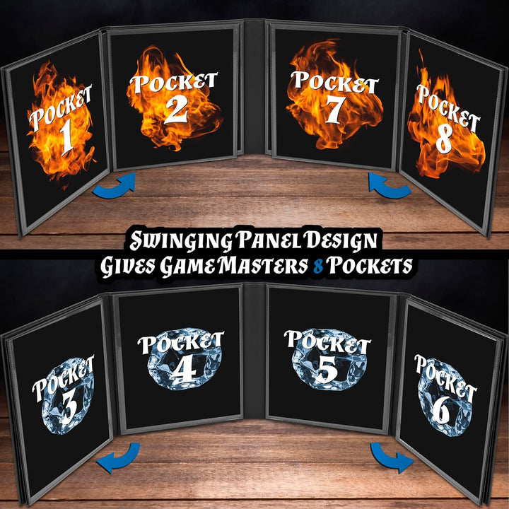 DM Screen Faux Leather 8-Panel Deluxe GM Screen - Eight Panel Folding Dungeon Master Screen with 2 Swinging Panels and Wet Erase Pockets for Ttrpgs - Inserts Not Included