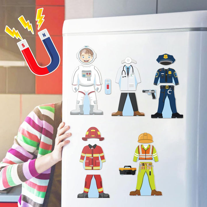 Wooden Magnetic Dress up Dolls Pretend Play Set 40+ Pcs Occupations Community Helpers Matching Games Fridge Magnets for Toddlers Preschool Learning Toys Boys Birthday Gifts