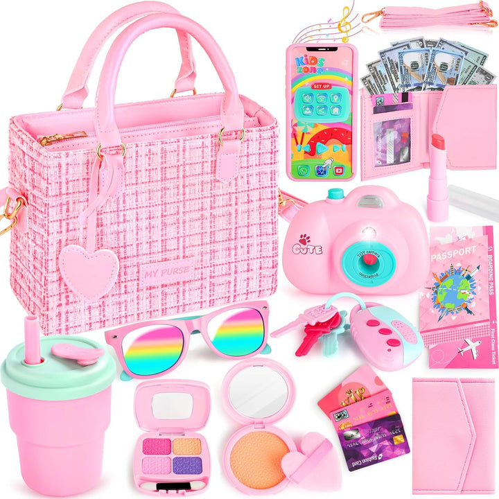Little Girls Purse, Kids Toy Purse with Pretend Makeup, Play Purse for Little Girls, Pretend Play Toddler Purse, Birthday Christmas Princess Gifts Toys for Girls 3 4 5 6 7 8 Year Old