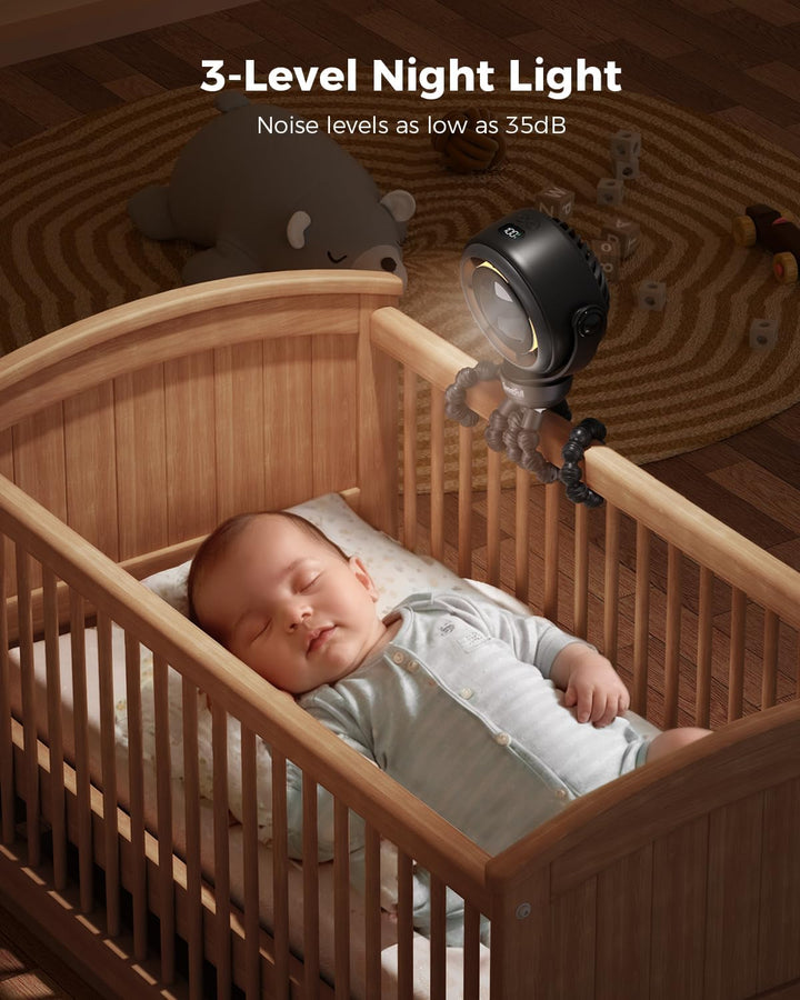 Baby Stroller Fan - 4000Mah Rechargeable 4-Speed Quiet with LED Display & Night Light, Mini Portable 360° Clip on Safe Fan for Car Seat, Crib, Travel - Black