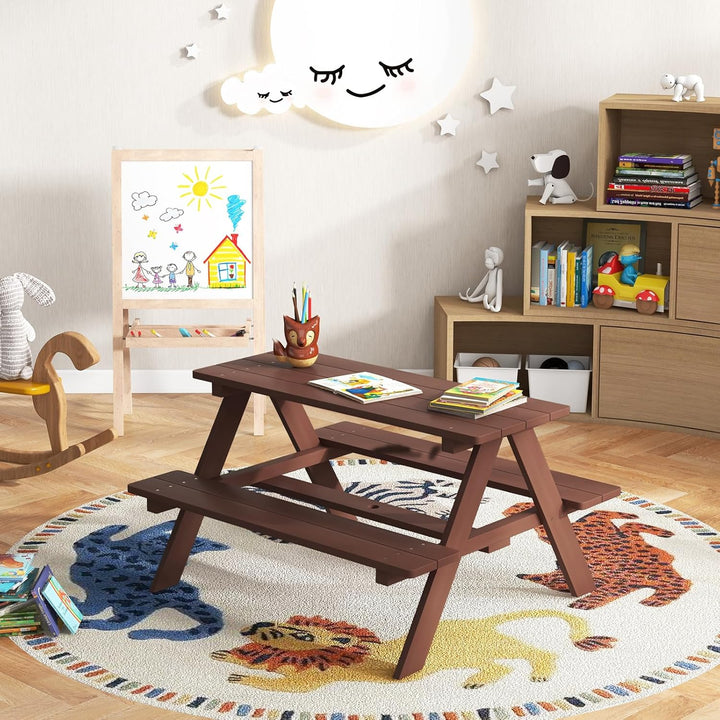 Kids Picnic Table, Outdoor Toddler Wooden Table and Chair Set with Removable Umbrella, Children Activity Furniture Bench Set for Patio Garden Backyard