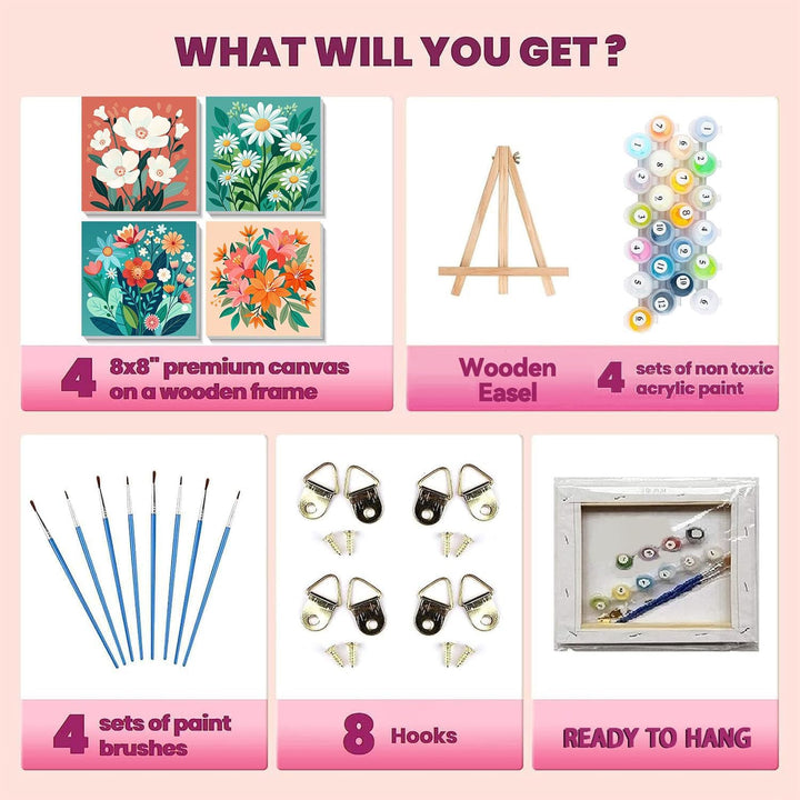 4 Pack Paint by Numbers Kit for Kids with Frame - Wooden Easel, Flowers Paint by Numbers for Kids Ages 4 8 12, Easy Flower Acrylic Oil Painting Kits for Home Wall Decoration 8X8 Inch