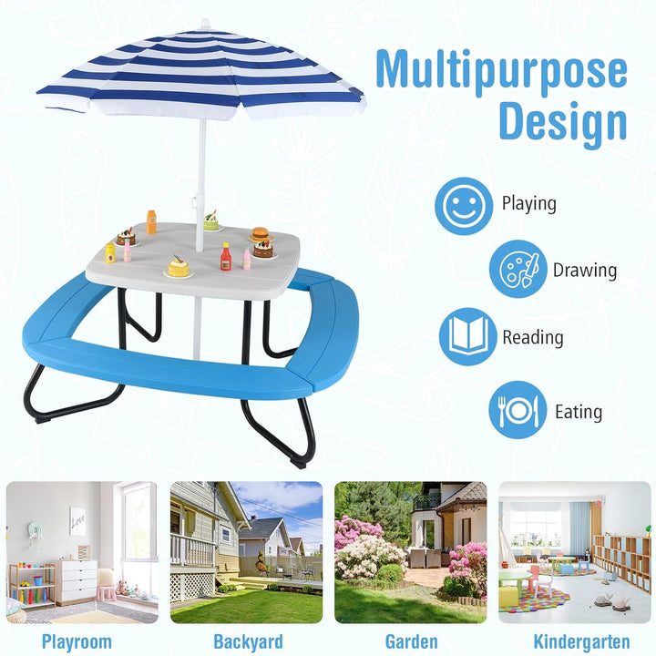 8 Seat Kids Picnic Table with Umbrella & 4 Built-In Benches, Fits 8 Children, Indoor Outdoor Toddler Picnic Table for Backyard Lawn & Patio (White+Blue)