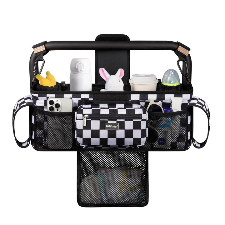 Universal Baby Stroller Organizer, Stroller Caddy with Detachable Mesh Bag & Heightened Insulated Cup Holders & Non-Slip Secure Hooks Accessories, Fits Most Strollers (Checkerboard)
