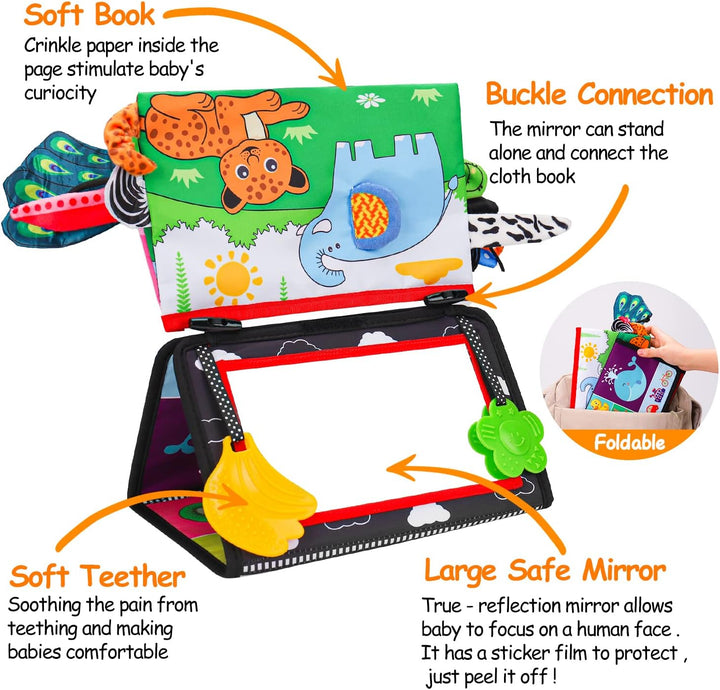 Baby Mirror Tummy Time Toys 0-6 Months with Crinkle Cloth Books Infant High Contrast Newborn Sensory Black and White Toy for 0-3 4 5 6 Months Must Haves Babies 3-6 6-12 Month Boys Girls Shower Gifts