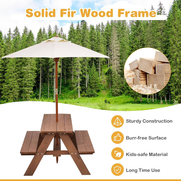 Kids Picnic Table, Outdoor Wooden Bench Set W/Removable Umbrella, Children Backyard Furniture for Patio Garden, Toddler Picnic Table for Outdoors, Gift for Boys Girls, Walnut
