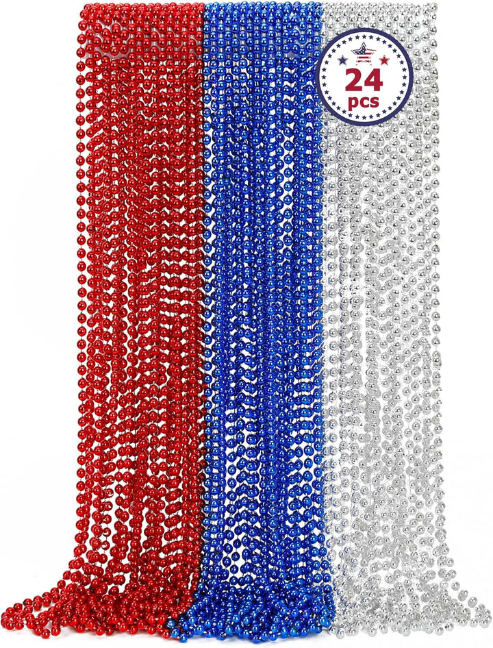 Gold Bead Necklace, 24PCS Christmas Bead Necklaces Stuff, 33" Mardi Gras Xmas Beaded Necklace Costume, Festival Parade Throw Accessories for Wedding Birthday Pirate Party Baby Shower Supplies Decor