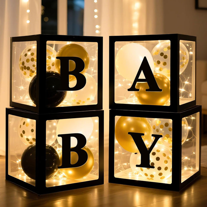 Baby Boxes with Letters for Baby Shower Decorations, 4 Pcs Clear Baby Balloon Boxes Blocks Decor with LED Fairy String Lights for Boy Girl Gender Reveal Decorations Backdrop Party (White)