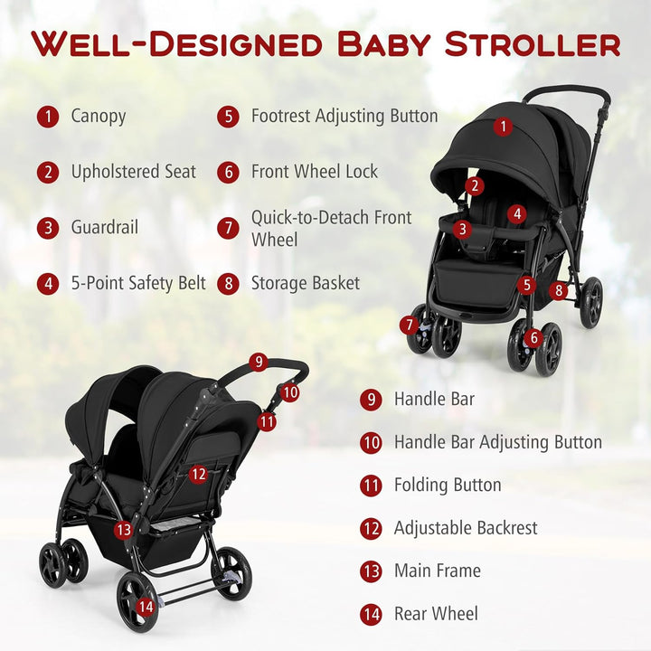 Double Stroller, Foldable Lightweight Infant Twin with Tandem Seating, 5-Point Harness, Recline Seat, Storage Basket, Compact Baby Double Stroller Newborn and Toddler (Black)