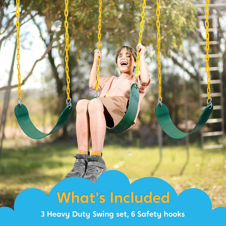 3 Pack Green Swing Seats Heavy Duty with 66" Chain, Swing Set Accessories Replacement with Snap Hooks for Kids Outdoor Play Playground, Trees, Backyard (Limit 300Lb)