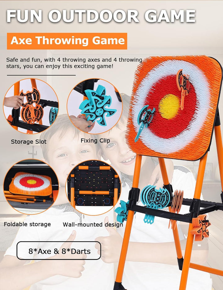 Axe Throwing Game for Backyard - 8 Throwing Axe & 8 Throwing Stars,24" Target,Foldable Stand,Yard & Outdoor Games for Adults and Family