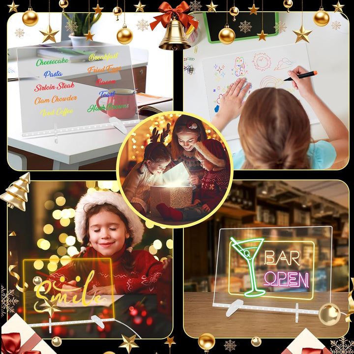 Acrylic Dry Erase Board with Light,Led Note Board with Colors 13.8"X10" 4 Modes & 7 Colors Rewritable LED Acrylic Drawing Board Forkids School Home Office Include 7 Pens,Clear Stand,Spray Bottle