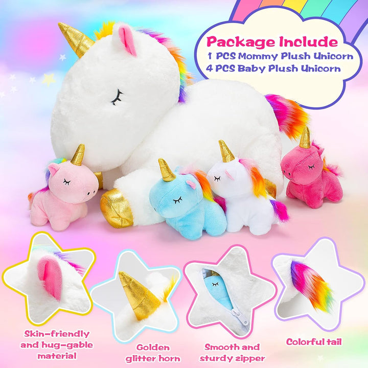 Toys for Girls Ages 3 4 5 6 7 8+ Years - Unicorn Mommy Stuffed Animal with 4 Baby Unicorns in Her Tummy, Soft Unicorn Plush Toys Set, Christmas Birthday Gifts for Baby, Toddler, Kids
