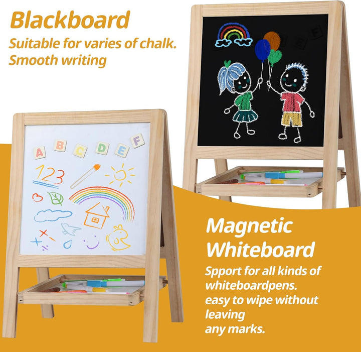 Tabletop Painting Wooden Art Easel for Kids - 4-In-1 Double-Sided Drawing Board for Toddlers 2-4, Chalkboard & Dry Whiteboard with Chalk,Markers, Eraser, Magnetic Letters/Numbers & Flashcards