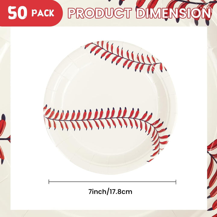 50PCS Baseball Party Paper Plates - 7Inch round Baseball Dessert Plates for Cake Salad Fruit Pizza Disposable Themed Decoration Supplies for Fan Sports Event, Birthday Party
