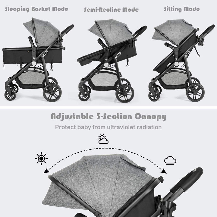 Baby Stroller, 2 in 1 Convertible Carriage Bassinet to Stroller, Pushchair with Foot Cover, Cup Holder, Large Storage Space, Wheels Suspension, 5-Point Harness (Gray)