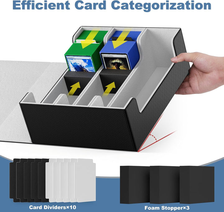 Card Deck Case for Trading Cards 1800+, Trading Card Storage Box with 10 Dividers and 3 Foam Stoppers, Leather Magnetic Closure Commander Deck Box Fit for Yugioh, MTG and Sport Cards