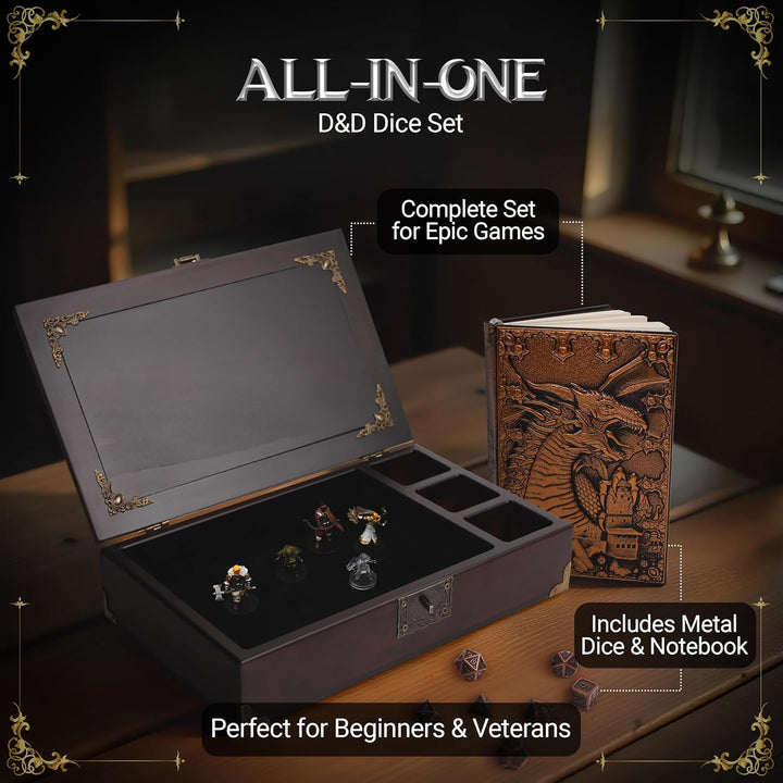 DND Dice Tray 3 in 1 - Dice Box with D&D Dice Metal - Wooden Dice Tray | DND Dice Box with DND Journal for RPG Table Games (200 Page) - DND Set for Dungeons & Dragons Players -