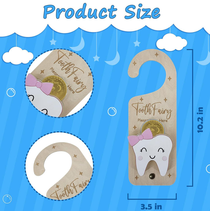Tooth Fairy Door Hanger, Wooden Tooth Fairy Money Holder with Tooth Coins for Lost Tooth Kids Gifts (Pink)