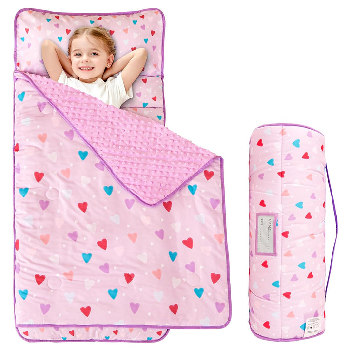 Toddler Kid Nap Mat for Preschool, Girls Pink Princess Slumber Bag, Daycare Sleeping Bag with Pillow and Blanket, Kindergarten Sleep Mat