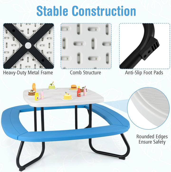 8 Seat Kids Picnic Table with Umbrella & 4 Built-In Benches, Fits 8 Children, Indoor Outdoor Toddler Picnic Table for Backyard Lawn & Patio (White+Blue)