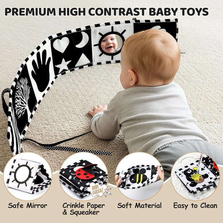 3PCS High Contrast Black & White Baby Toys - Tummy Time Mirror Infant Toys with Crinkle Cloth and Teether, Visual Stimulation Sensory Books for Newborns 0 3 6 12 Months, Shower Gift, Stocking Stuffers