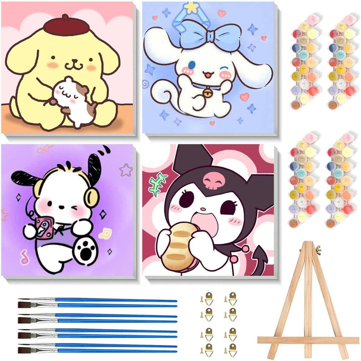 4 Pack Cartoon Paint by Numbers Kit for Kids with Frame - Wooden Easel, Cute Kids Paint by Numbers Ages 4 8 12, DIY Acrylic Oil Painting for Home Wall Decor (8X8 Inch)