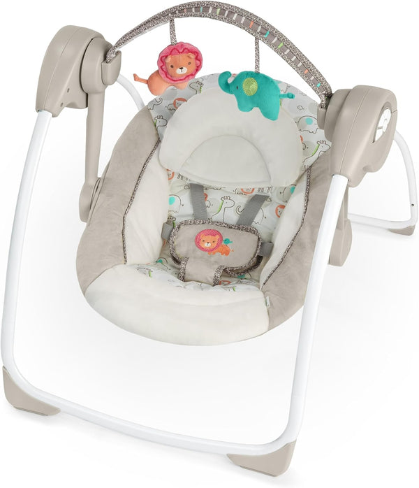 Soothe 'N Delight Compact Portable 6-Speed Plush Baby Swing with Music, Folds Easy, 0-9 Months 6-20 Lbs (Cozy Kingdom)