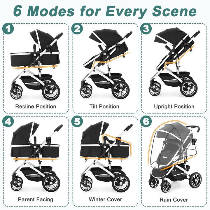 Baby Stroller with Bassinet, Convertible Infant Stroller with Adjustable Backrest & Canopy for Baby, Foldable Newborn Pushchair with Reversible Seat and Cover for 0-36 Months (Dark Black)