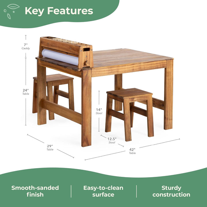 Acadia Outdoor Art Table and Stool Set: Kids Acacia Wood Arts and Crafts Table W/ 2 Chairs, Mobile Storage Paper Roll, and Paint Cups for Drawing, Painting and Toddler Picnic Activities