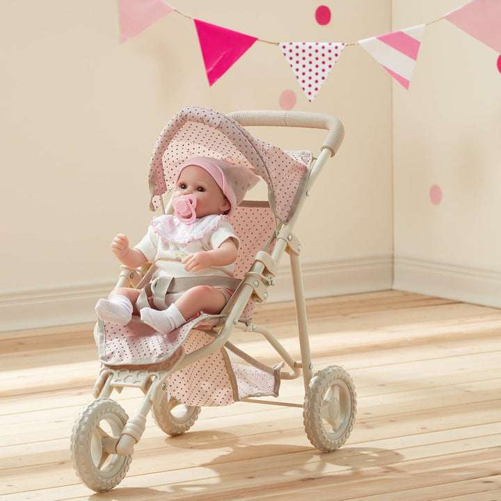 Doll Jogging-Style Stroller with Canopy, Storage Underneath, Pink and Cream and Gray