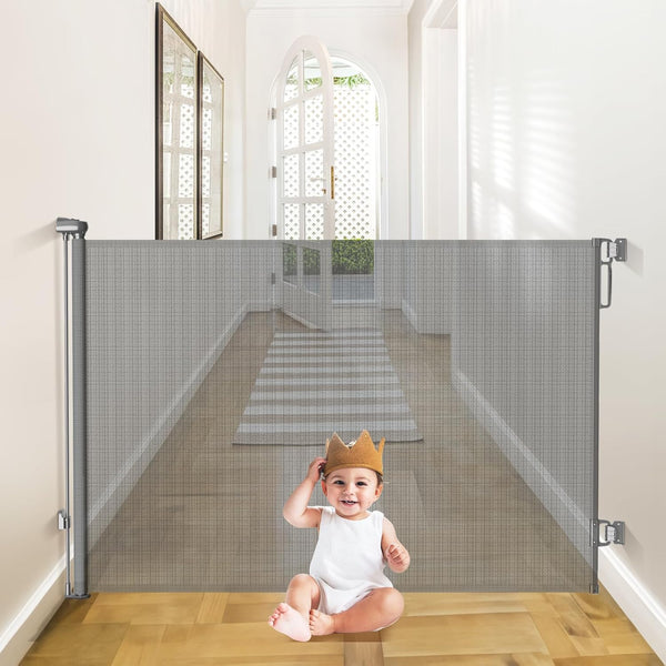 Retractable Baby Gates Extra Wide | 55" Wide X 38" Tall Dog Gates for Stairs | Indoor/Outdoor Use | Child Gates for Doorways, Deck, Porch, Hallways, Patio - Gray