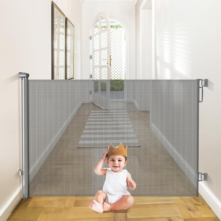 Retractable Baby Gates Extra Wide | 55" Wide X 38" Tall Dog Gates for Stairs | Indoor/Outdoor Use | Child Gates for Doorways, Deck, Porch, Hallways, Patio - Gray