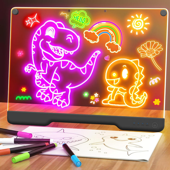 16-Inch Rechargeable Doodle Glow LED Note Board, 7-Color Light Modes, Neon Art Dry Erase Light up Drawing Pad with Built-In Stand, Sketching Gift Toy for Kids/Girls/Teens, 5 Markers & Tracing Book