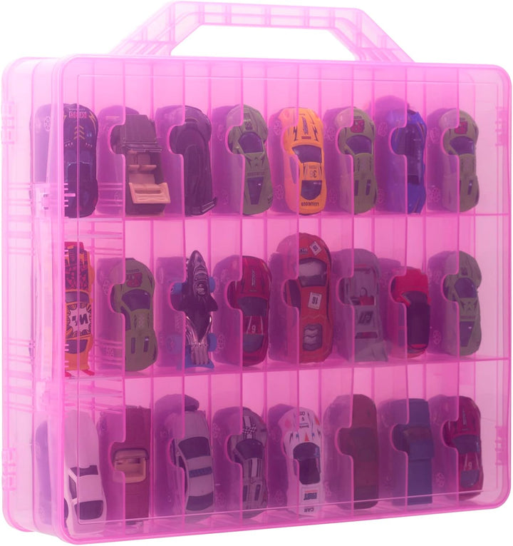 Double Sided Storage Case for 48 Toy Cars, Matchbox Cars, Portable Transparent Storage Case with 48 Compartments, Case Only (Transparent)…