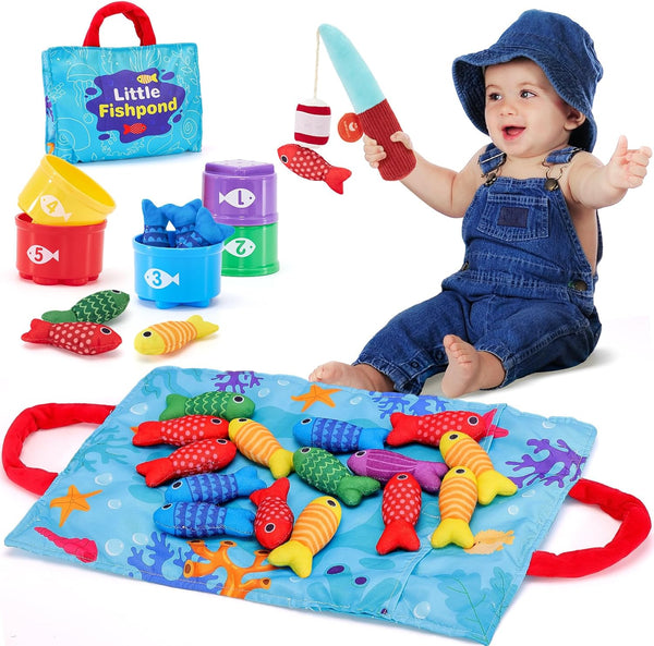 Montessori Toys for 1 Year Old - 10 in 1 Cloth Toddler Fishing Game with Stacking Cups, Baby Toy 12-18 Months One Year Old Boy Birthday Gift, Toddler Toys for 1 2 Year Old Boy Girl Gifts