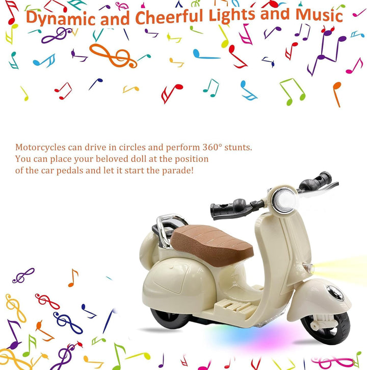 17Cm Doll'S Electric Scooter, Playful Accessory with Music & Lights, 360° Rotatable Plastic Ride, Batteries & Screwdriver Included (White)