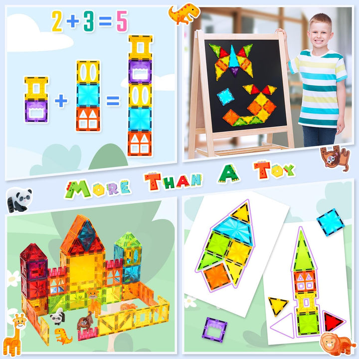 Magnetic Tiles 110PCS 3D Animals Magnet Tiles with 2 Cars Kids Magnetic Building Blocks STEM Educational Magnet Toy Construction Playboards Toys Gifts for Boys Girls Toddlers 3 4 5 6 7 8 9 Year Old