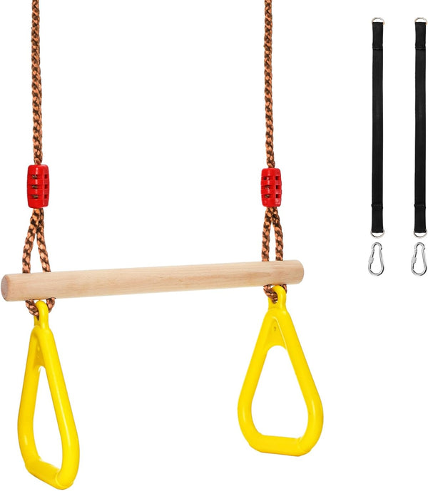 Trapeze Bar, 16" Adjustable Height Wooden Swing Set for Kids, Trapeze Climbing Bar Assembly with Rings, Gym Hanging Accessories Playground Attachments