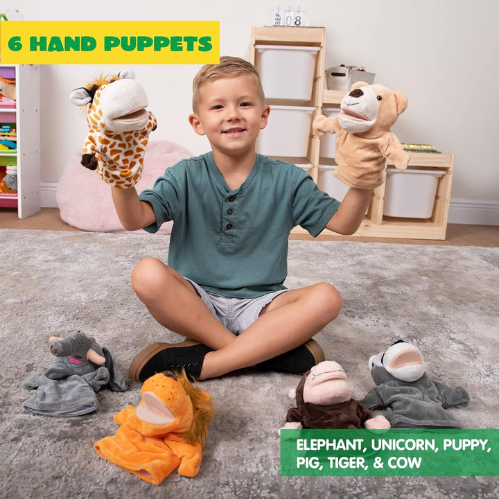 6Pcs Kids Hand Puppet Set with Working Mouth, Toddler Animal Plush Toy Includes Elephant, Giraffe, Lion, Bear, Raccoon and Monkey for Show Theater, Birthday Gifts for Kid Age 3+